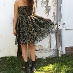 Alice + Olivia Black and Gold Strapless Dress